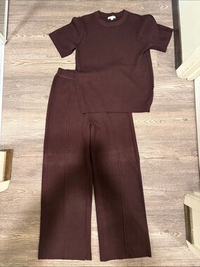 tea n rose Chocolate Brown Wide-Leg Knit Pants & Short-Sleeve Top Set